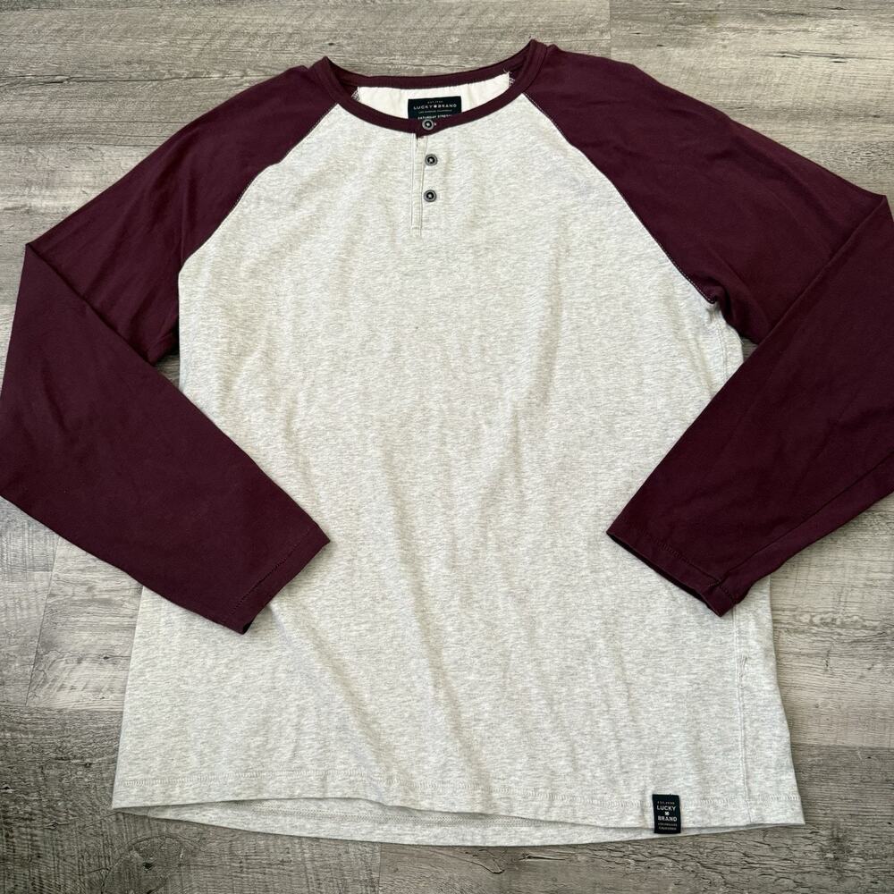Lucky Brand Long Sleeve Raglan Henley - Maroon Sleeves, Heather Gray Body